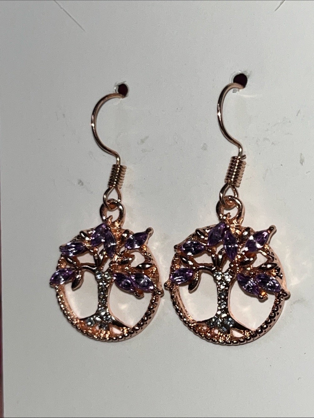 Amethyst Tree of Life Dangle Earrings - Rose Gold